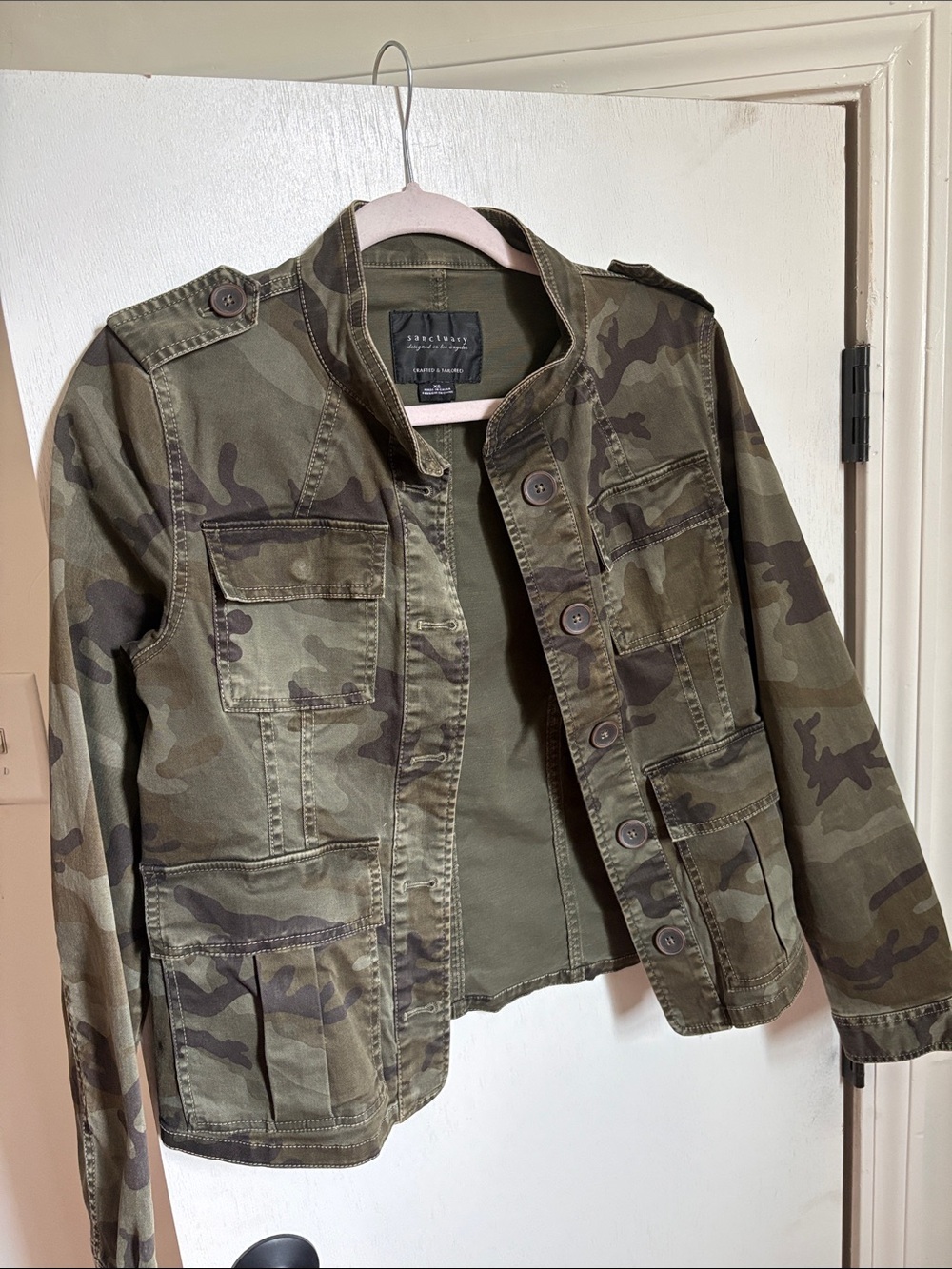 Sanctuary Olive Camo Utility Jacket with Four Front Pockets